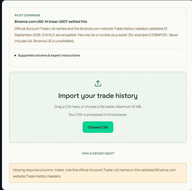 FeeEdge rejects a fictitious CSV missing the required maker column.